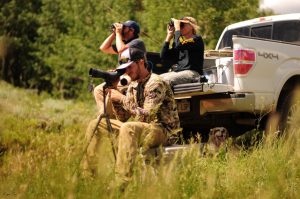 Three people glassing from Truck Bed